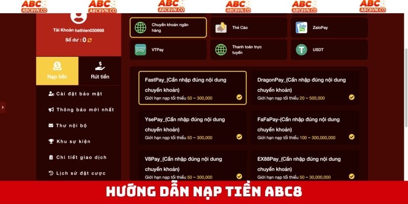 Tổng hợp các phương thức nạp tiền tài khoản ABC8 dễ dàng